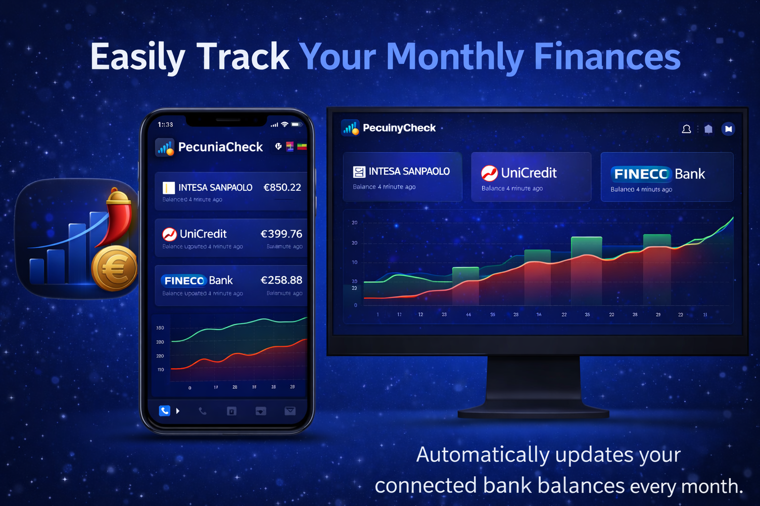 PecuniaCheck monthly balance tracker dashboard preview